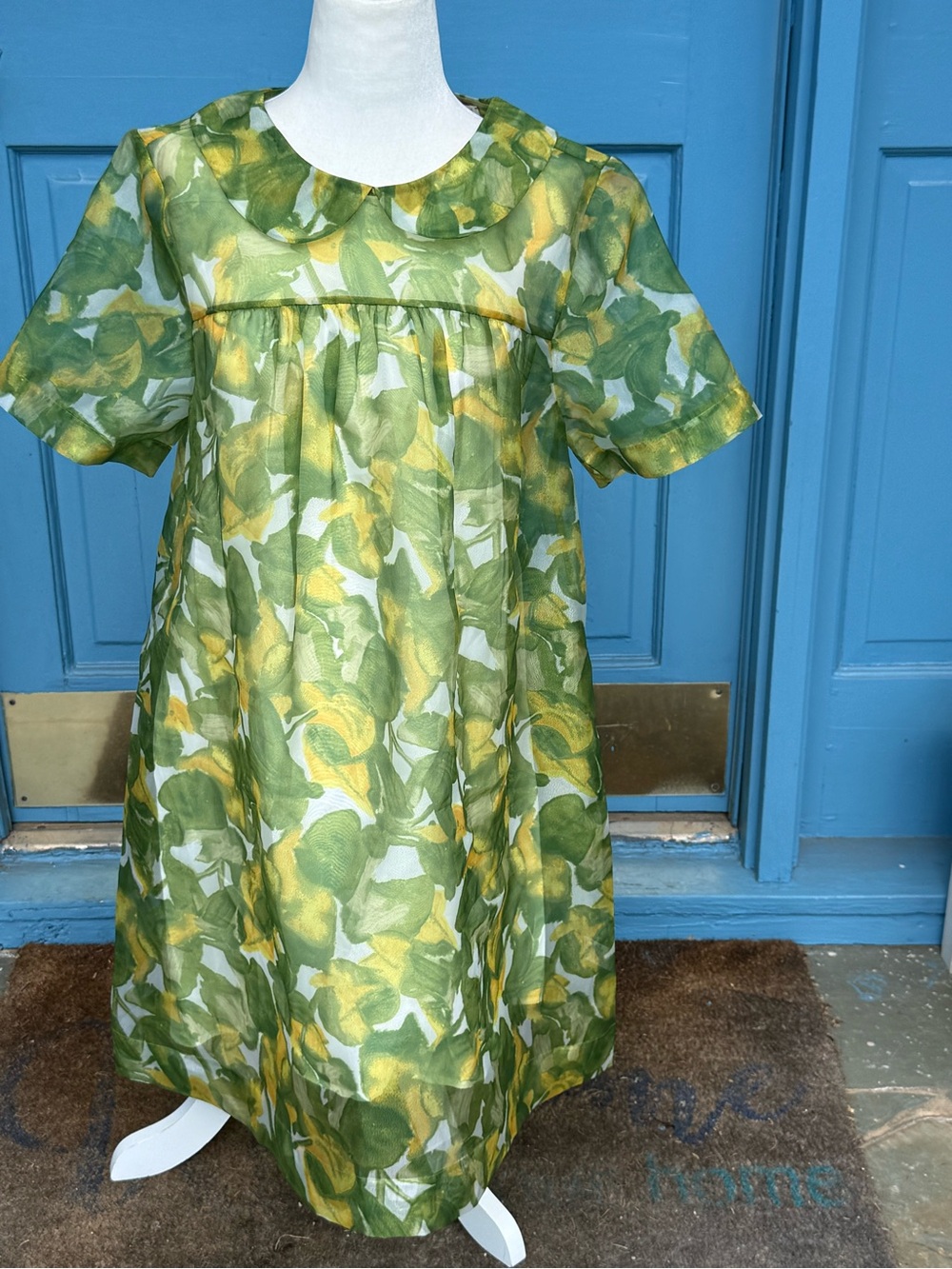 Like New Frances Valentine Green and Yellow Leaf-Print Mini Baby Doll Dress